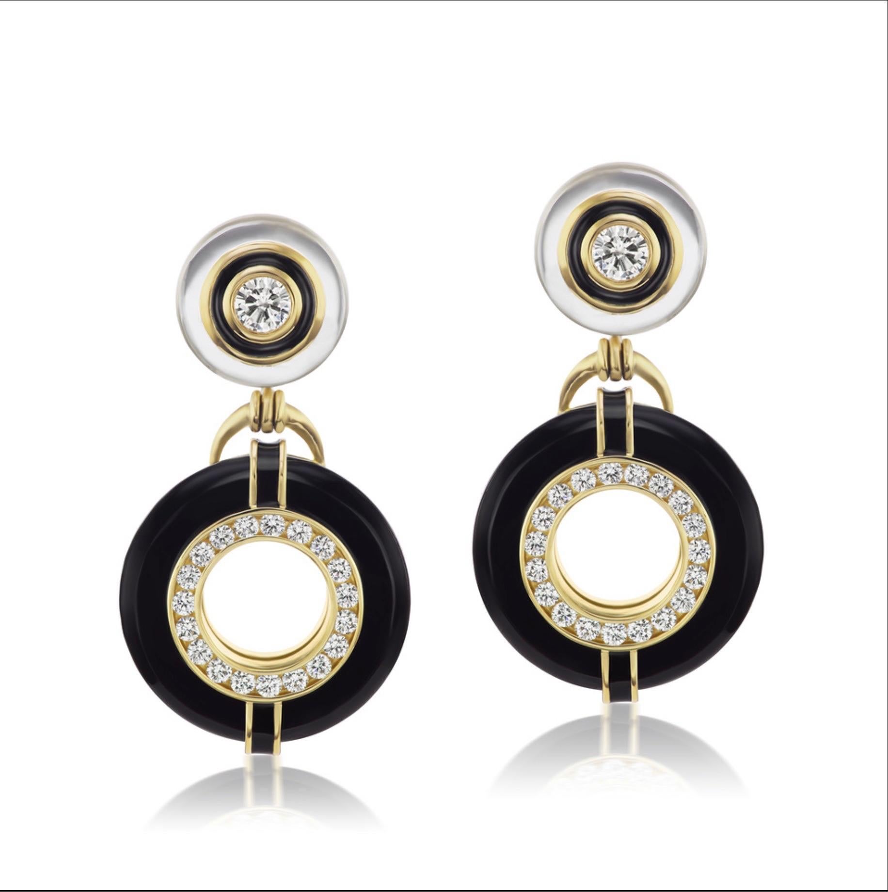 Round Cut Diamond, Onyx, and Rock Crystal Earrings with Black Enamel in 18 Yellow Gold