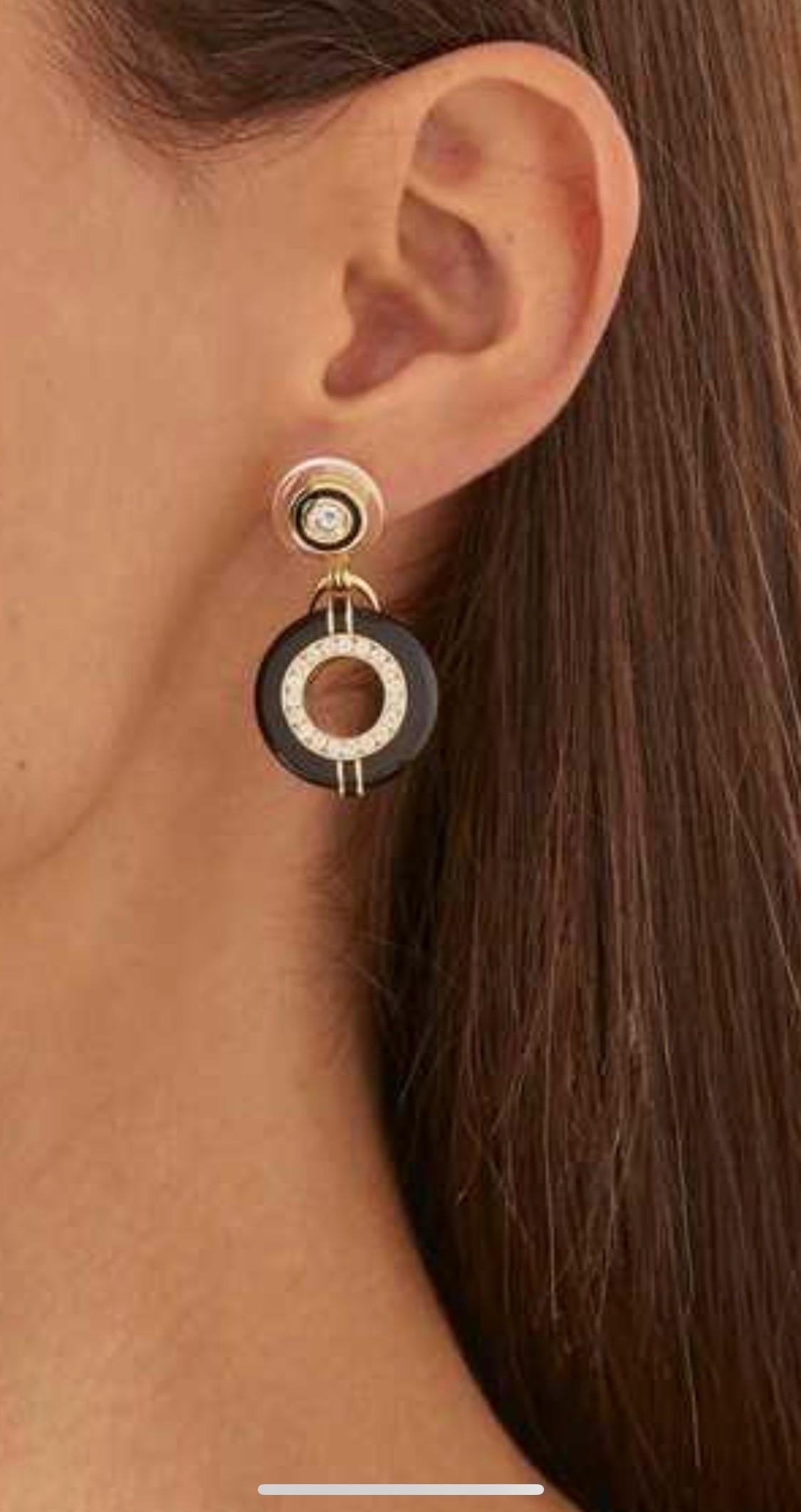 Diamond, Onyx, and Rock Crystal Earrings with Black Enamel in 18 Yellow Gold In New Condition In Dallas, TX