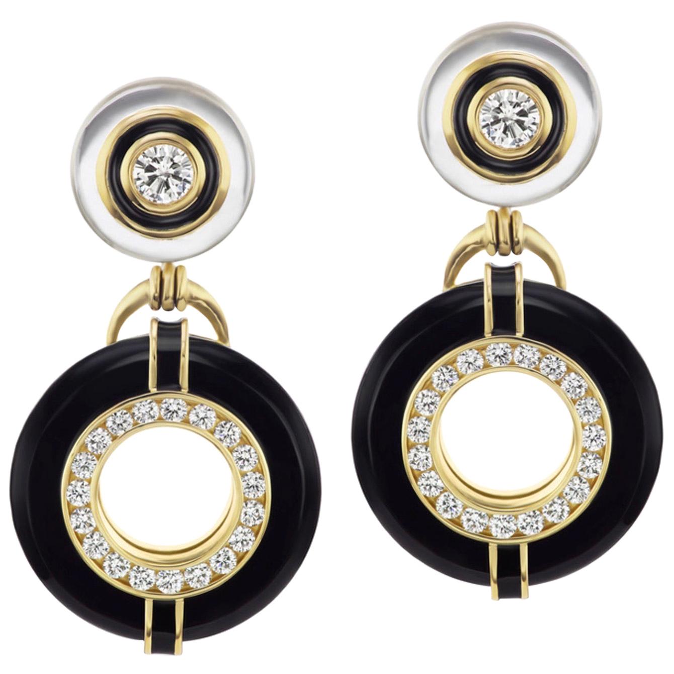 Diamond, Onyx, and Rock Crystal Earrings with Black Enamel in 18 Yellow Gold