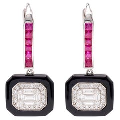 Diamond, Onyx, and Ruby 18k White Gold Drop Earrings