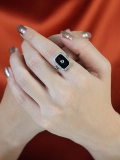 Diamond Onyx Art Deco Style Cocktail Ring in 14K White Gold