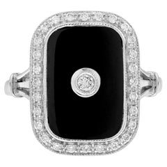 Diamond Onyx Art Deco Style Cocktail Ring in 14K White Gold