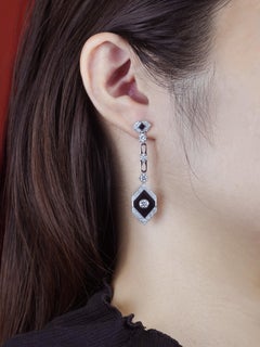 Diamant Onyx Art Deco Stil Tropfen Ohrringe aus 14K Weißgold
