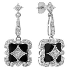 Diamond Onyx Art Deco Style Drop Earrings in 14K White Gold