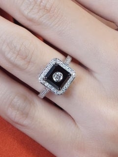 Diamond Onyx Art Deco Style Octagonal Jewelry Set in 14K White Gold