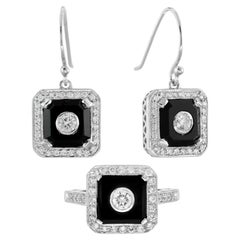 Diamond Onyx Art Deco Style Octagonal Jewelry Set in 14K White Gold