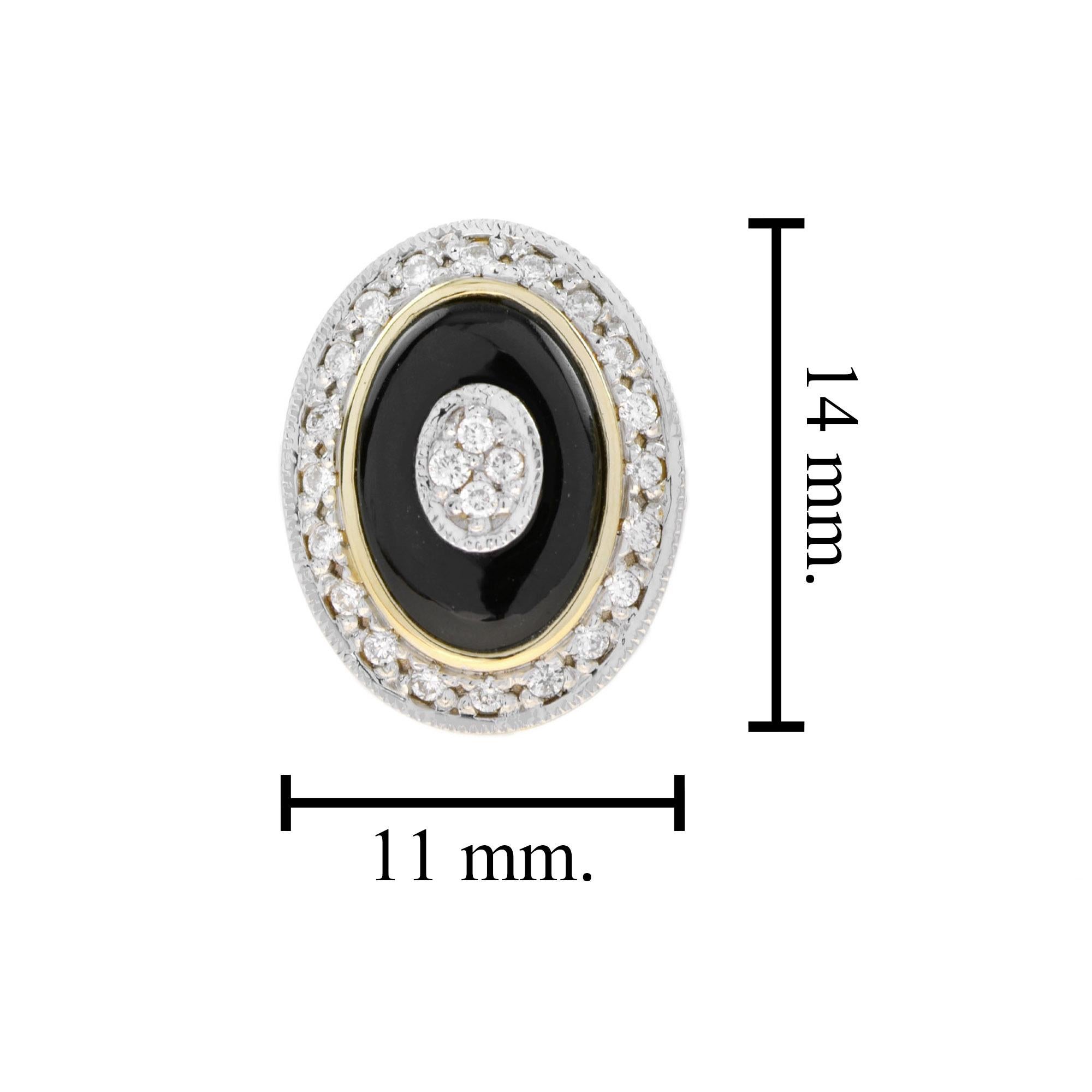 Round Cut Diamond Onyx Art Deco Style Oval Shape Stud Earrings in 18K Yellow Gold For Sale