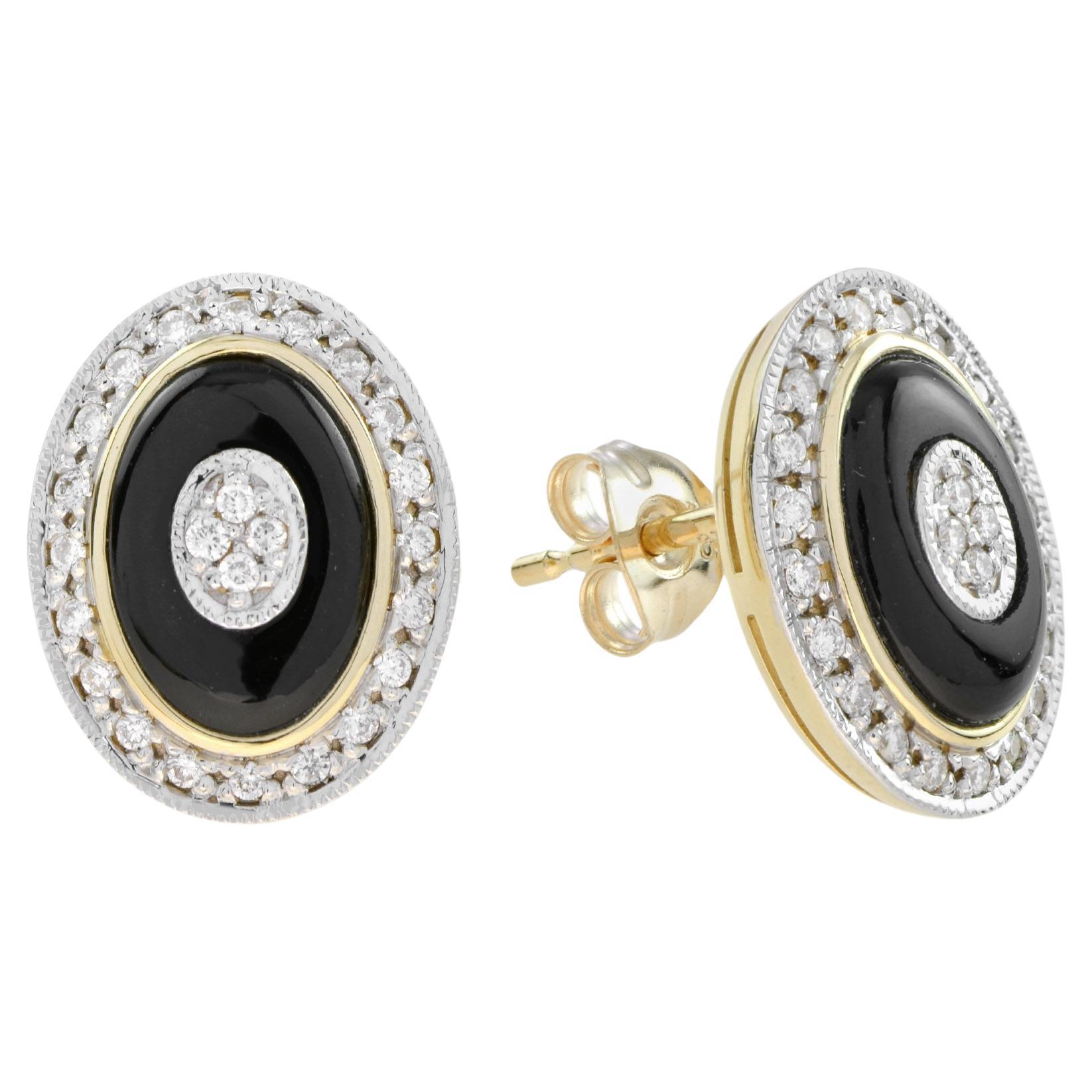 Diamond Onyx Art Deco Style Oval Shape Stud Earrings in 18K Yellow Gold For Sale