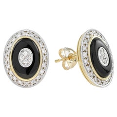 Diamond Onyx Art Deco Style Oval Shape Stud Earrings in 18K Yellow Gold