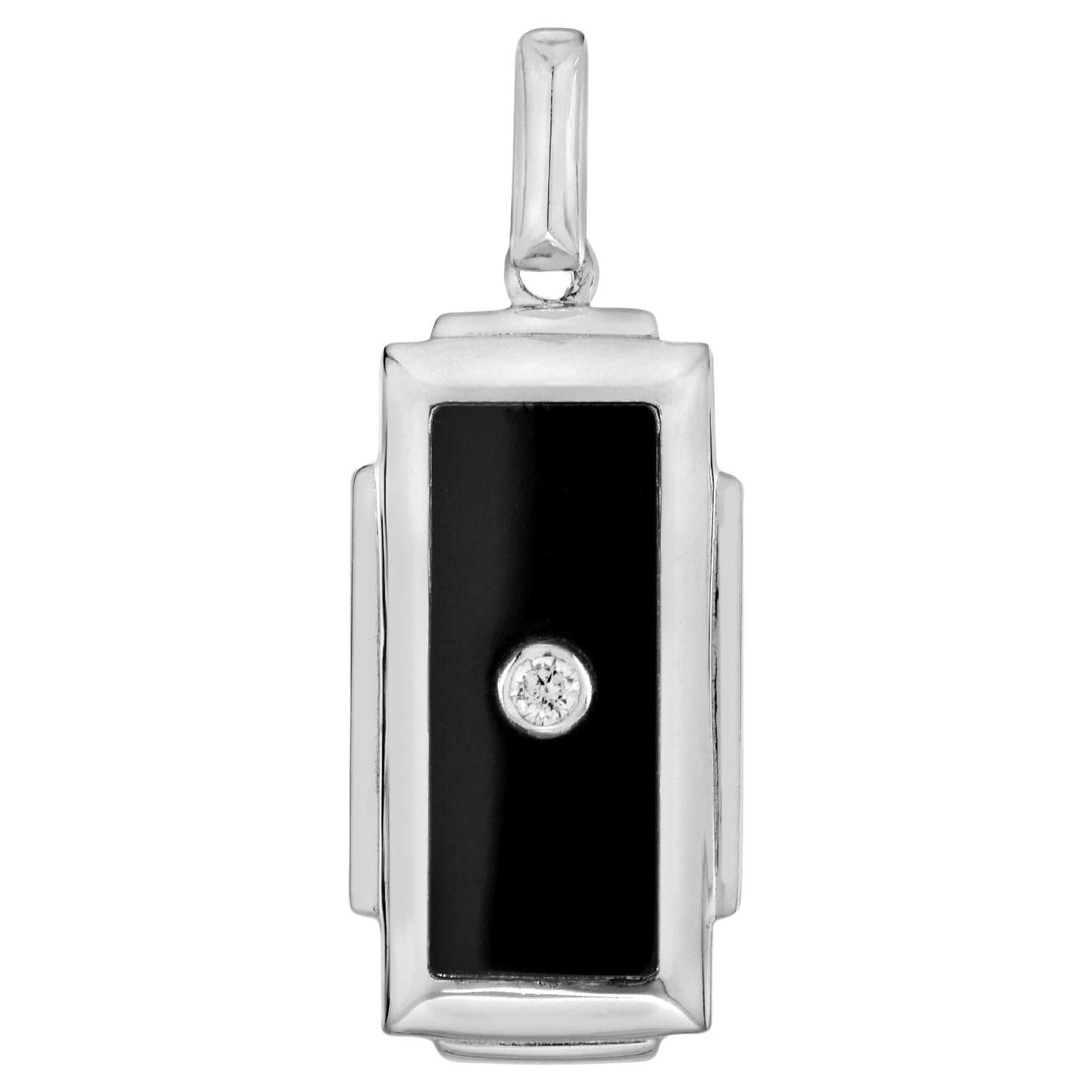 Diamond Onyx Art Deco Style Rectangular Shape Pendant in 14K White Gold