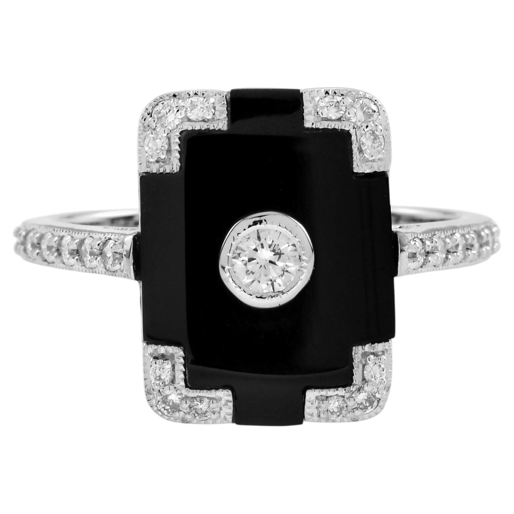 Diamond Onyx Art Deco Style Rectangular Shape Ring in 14K White Gold