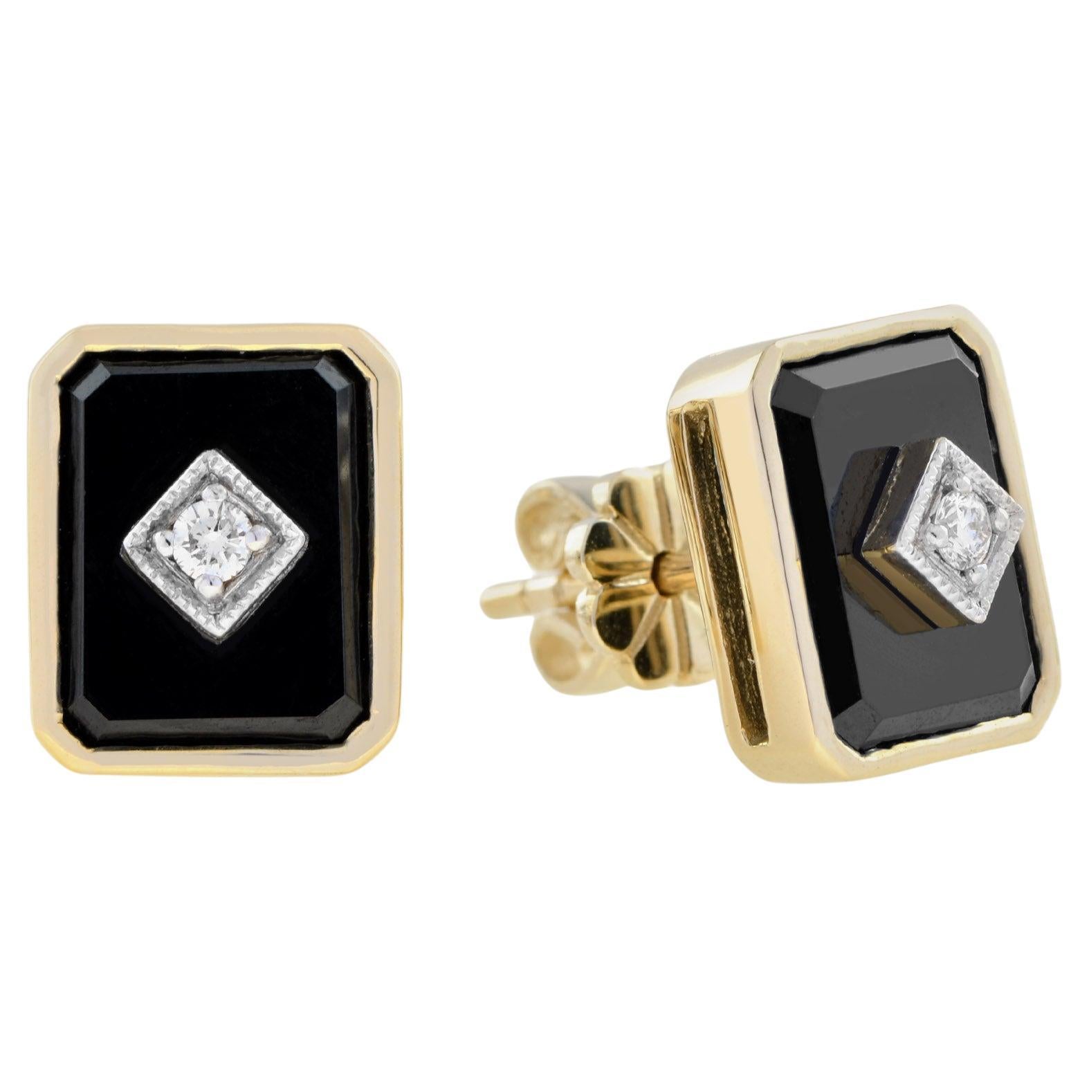 Diamond Onyx Bezel Set Art Deco Style Octagon Stud Earrings in 9K Yellow Gold