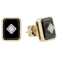 Diamond Onyx Bezel Set Art Deco Style Octagon Stud Earrings in 9K Yellow Gold