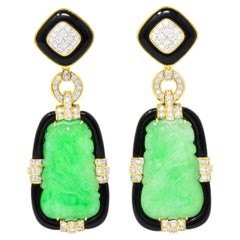 Diamond Onyx Carved Jade 18 Karat Two-Tone Gold Art Deco Inspired Drop Earrings
