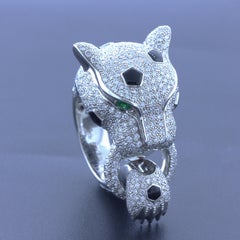 Diamond Onyx Emerald 18K White Gold Panther Ring