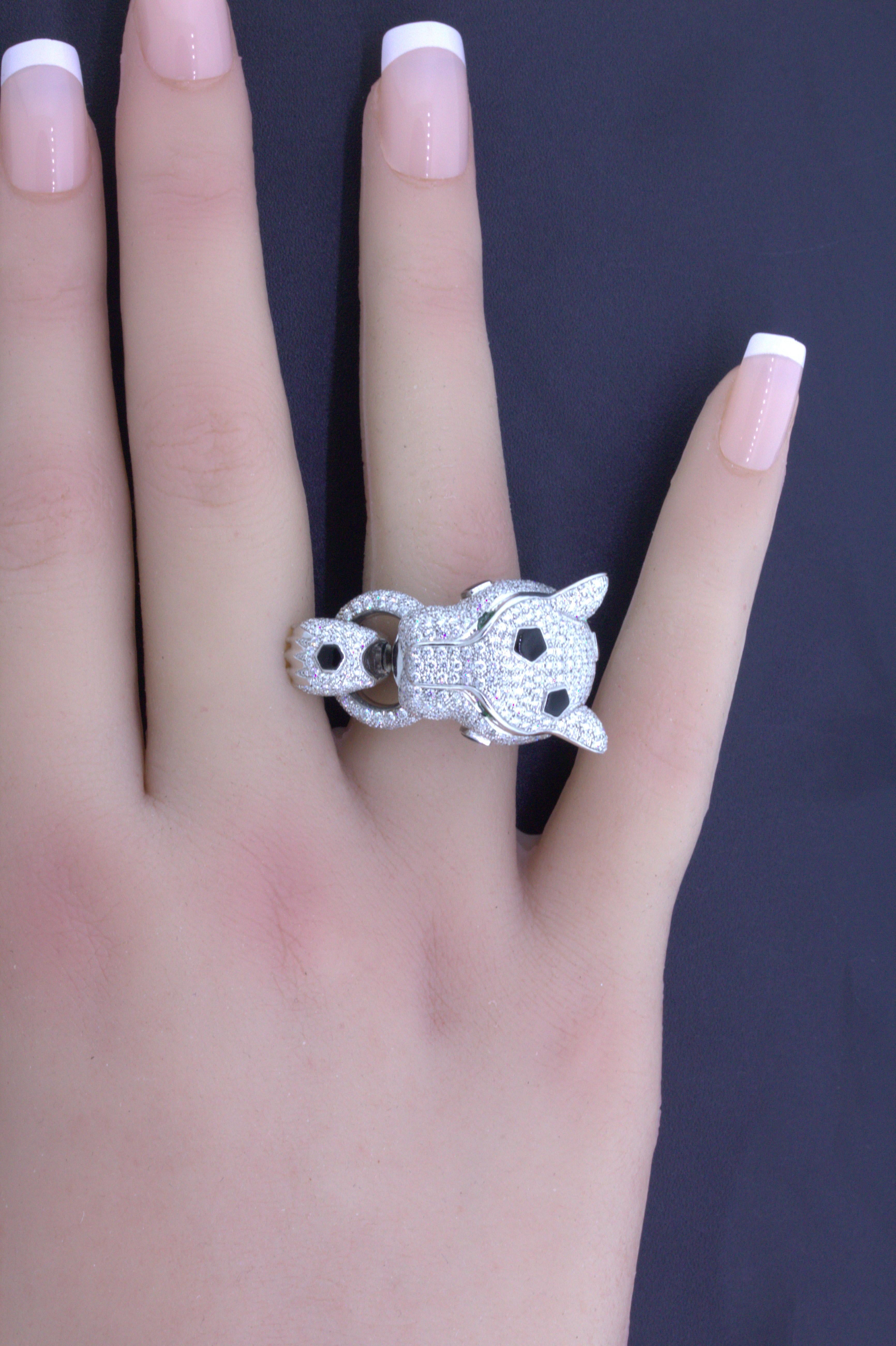 Pantherring, Diamant Onyx Smaragd 18K Weißgold Damen