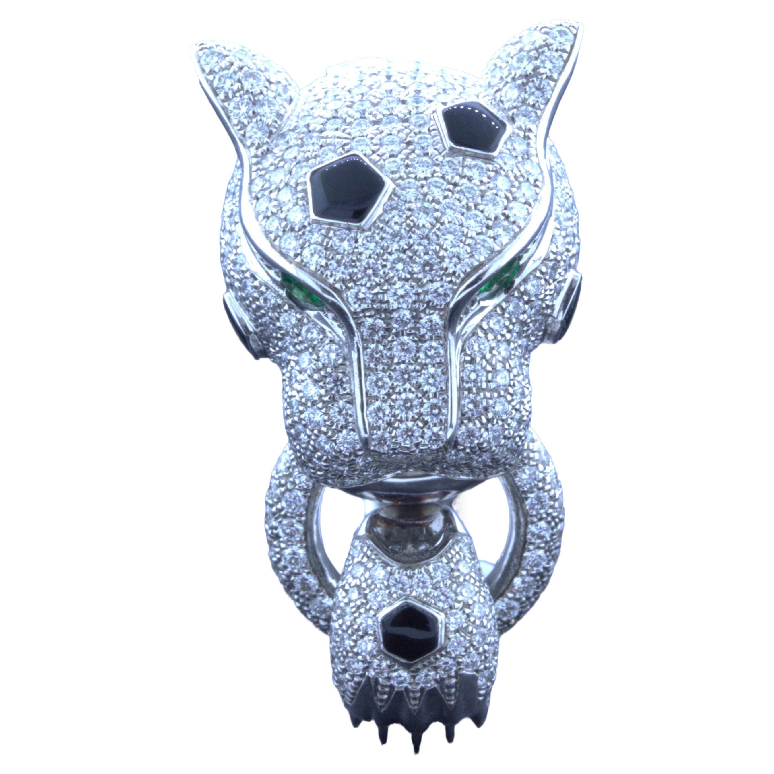 Diamond Onyx Emerald 18K White Gold Panther Ring For Sale