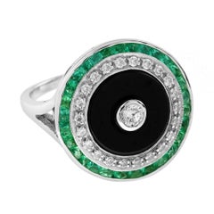 Diamond Onyx Emerald Art Deco Style Target Cocktail 14K White Gold Ring