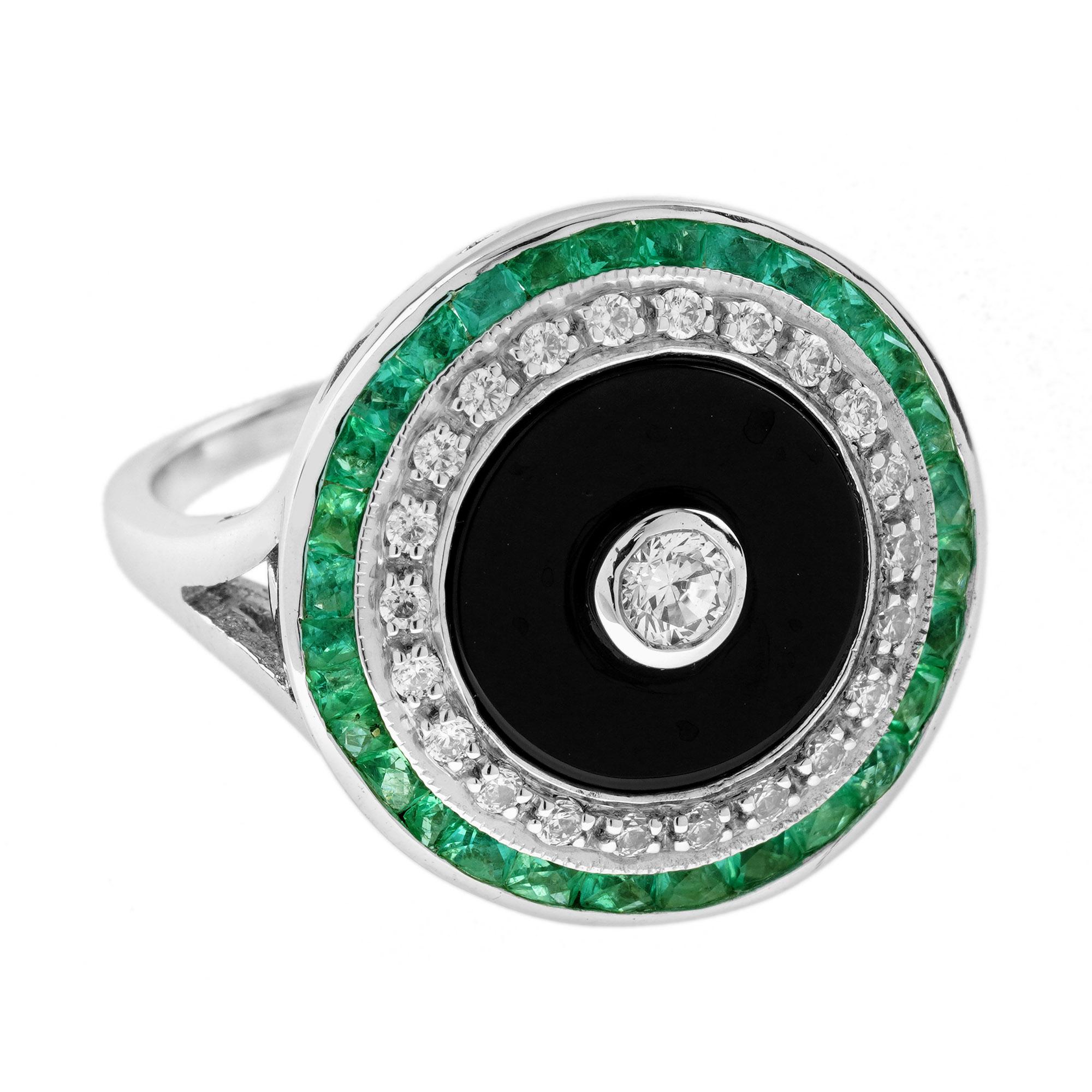 For Sale:  Diamond Onyx Emerald Art Deco Style Target Cocktail Ring in 14K White Gold 3