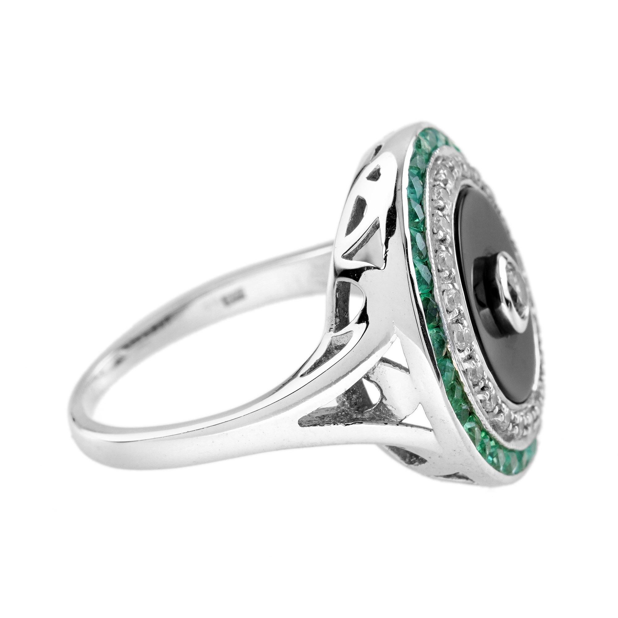For Sale:  Diamond Onyx Emerald Art Deco Style Target Cocktail Ring in 14K White Gold 4