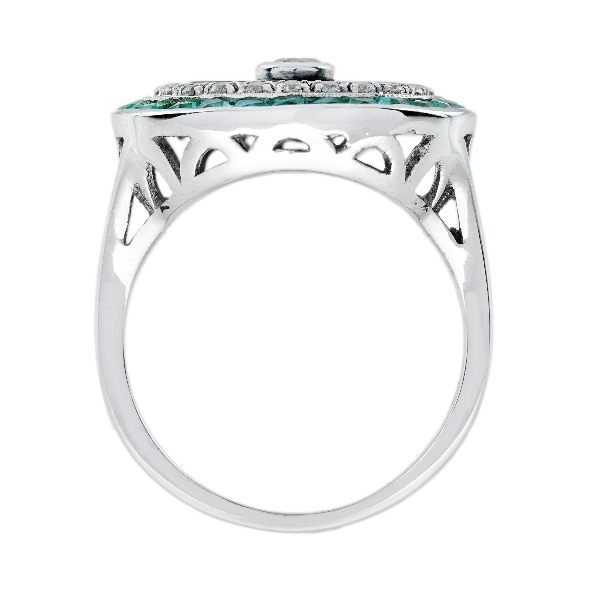 For Sale:  Diamond Onyx Emerald Art Deco Style Target Cocktail Ring in 14K White Gold 6