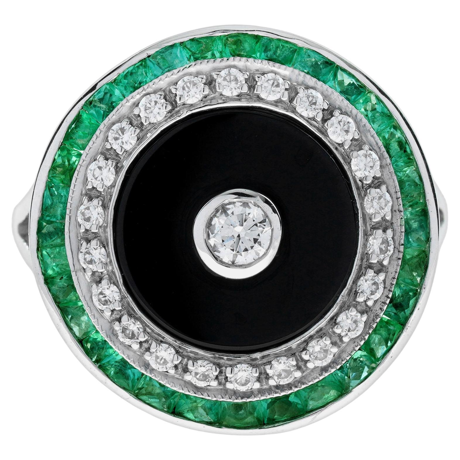 Diamond Onyx Emerald Art Deco Style Target Cocktail Ring in 14K White Gold
