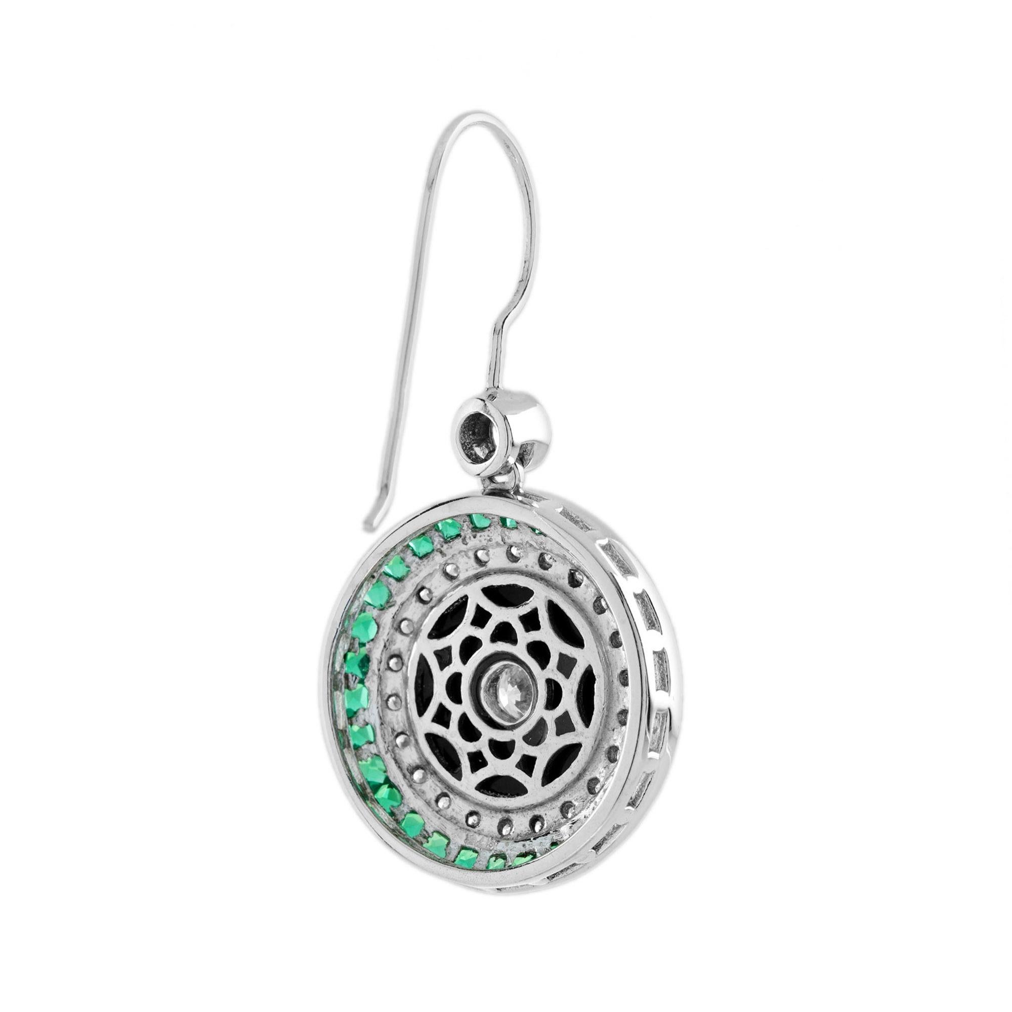 Pendientes de oro blanco de 14 quilates con gota de diamante ónice esmeralda estilo Art Déco Art Decó en venta