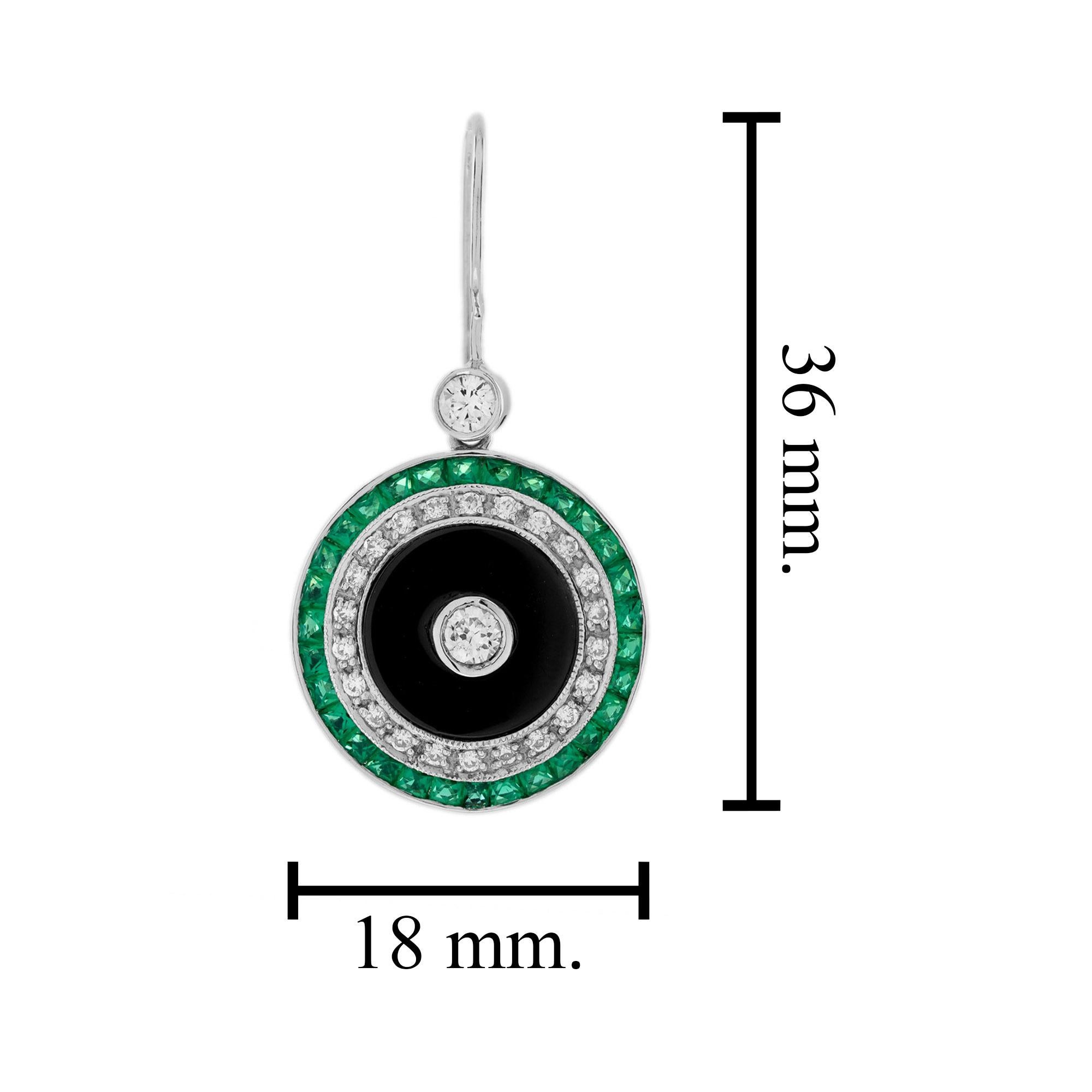 Pendientes de oro blanco de 14 quilates con gota de diamante ónice esmeralda estilo Art Déco Corte redondo en venta