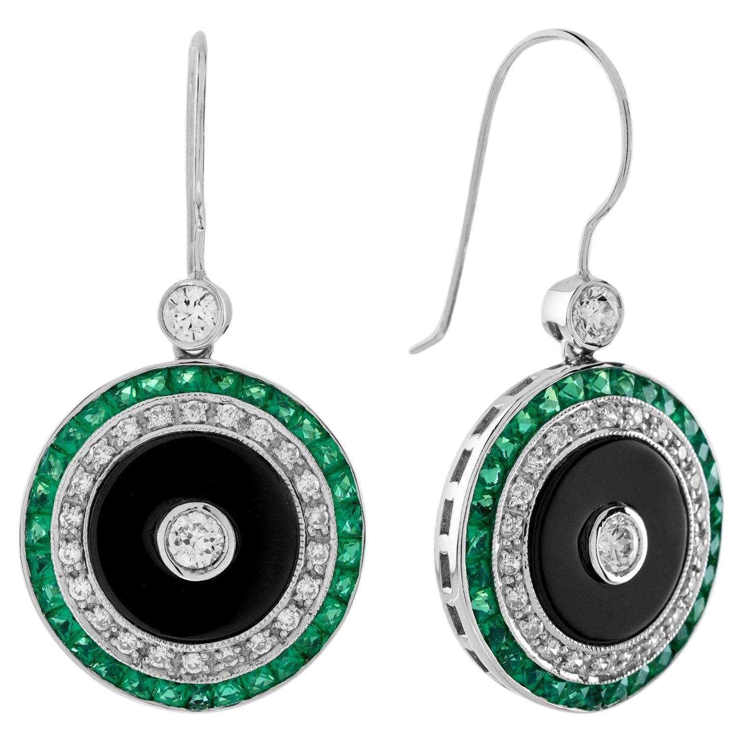 Diamond Onyx Emerald Art Deco Style Target Drop Earrings in 14K White Gold For Sale