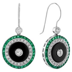 Diamond Onyx Emerald Art Deco Style Target Drop Earrings in 14K White Gold
