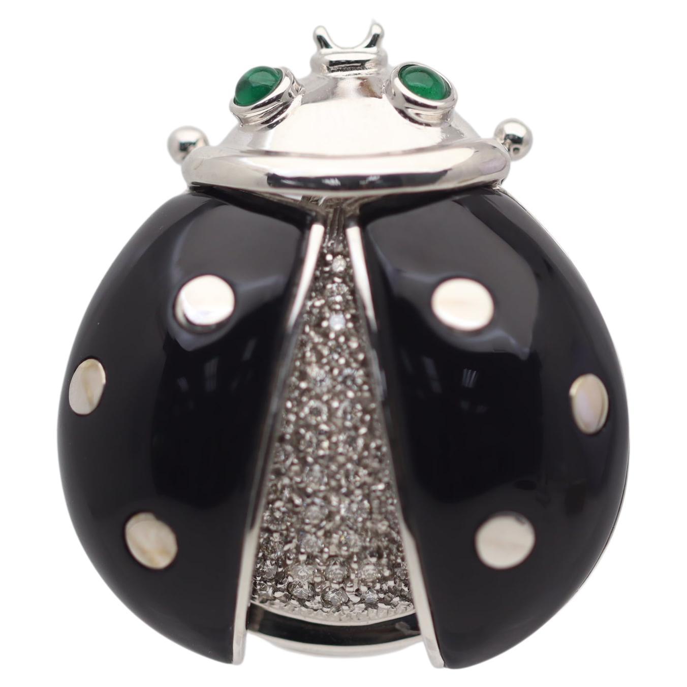 Diamond Onyx Emerald Gold Ladybug Pendant Brooch For Sale