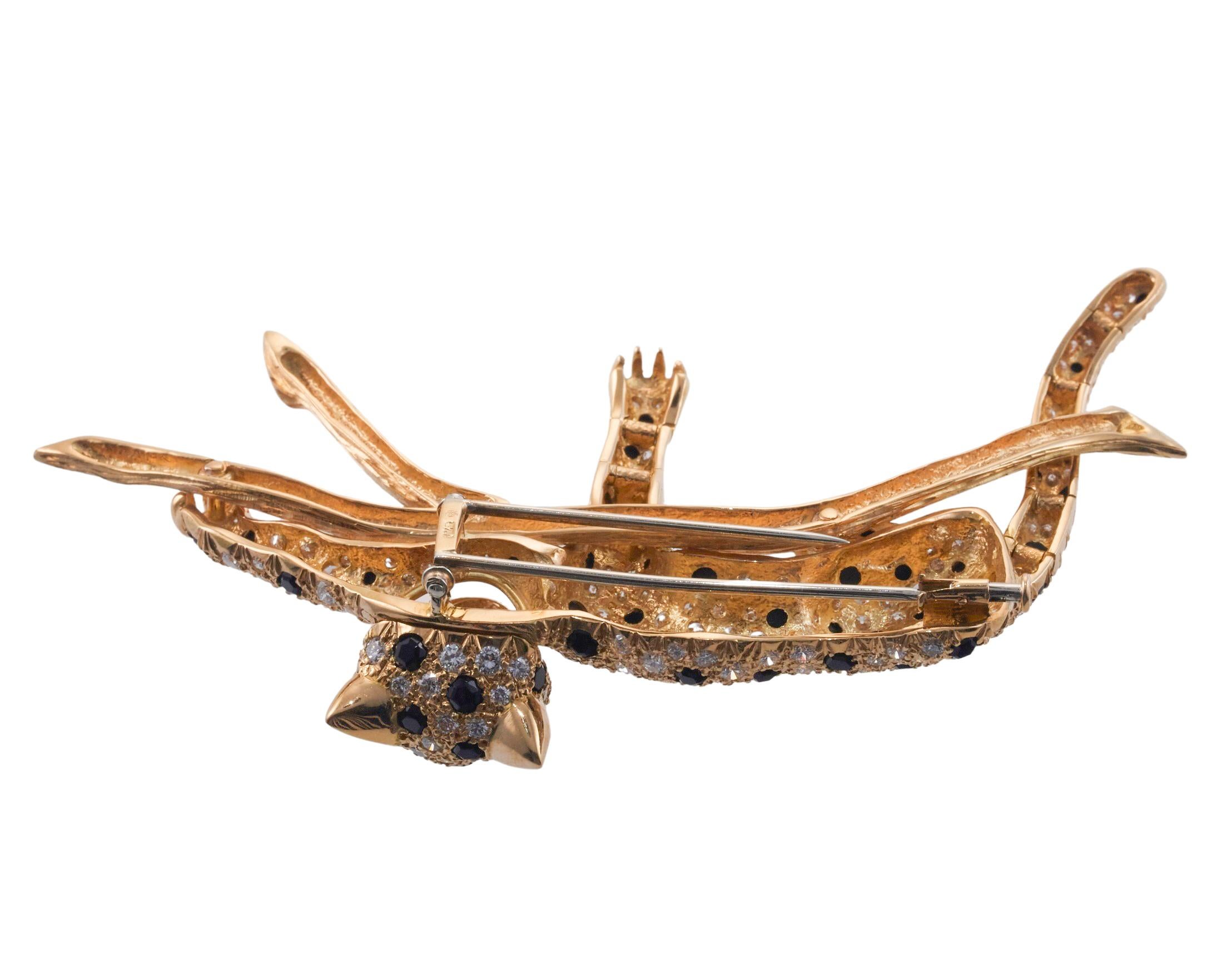 Round Cut Diamond Onyx Emerald Gold Leopard Brooch For Sale