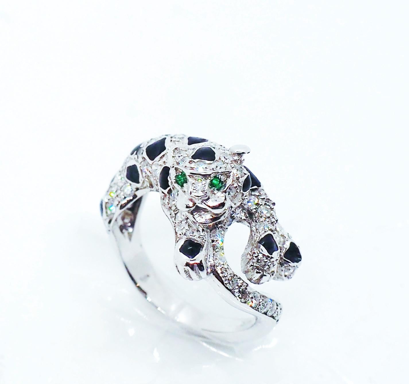 Brilliant Cut Diamond Onyx Emeralds Panther 18 Karat White Gold