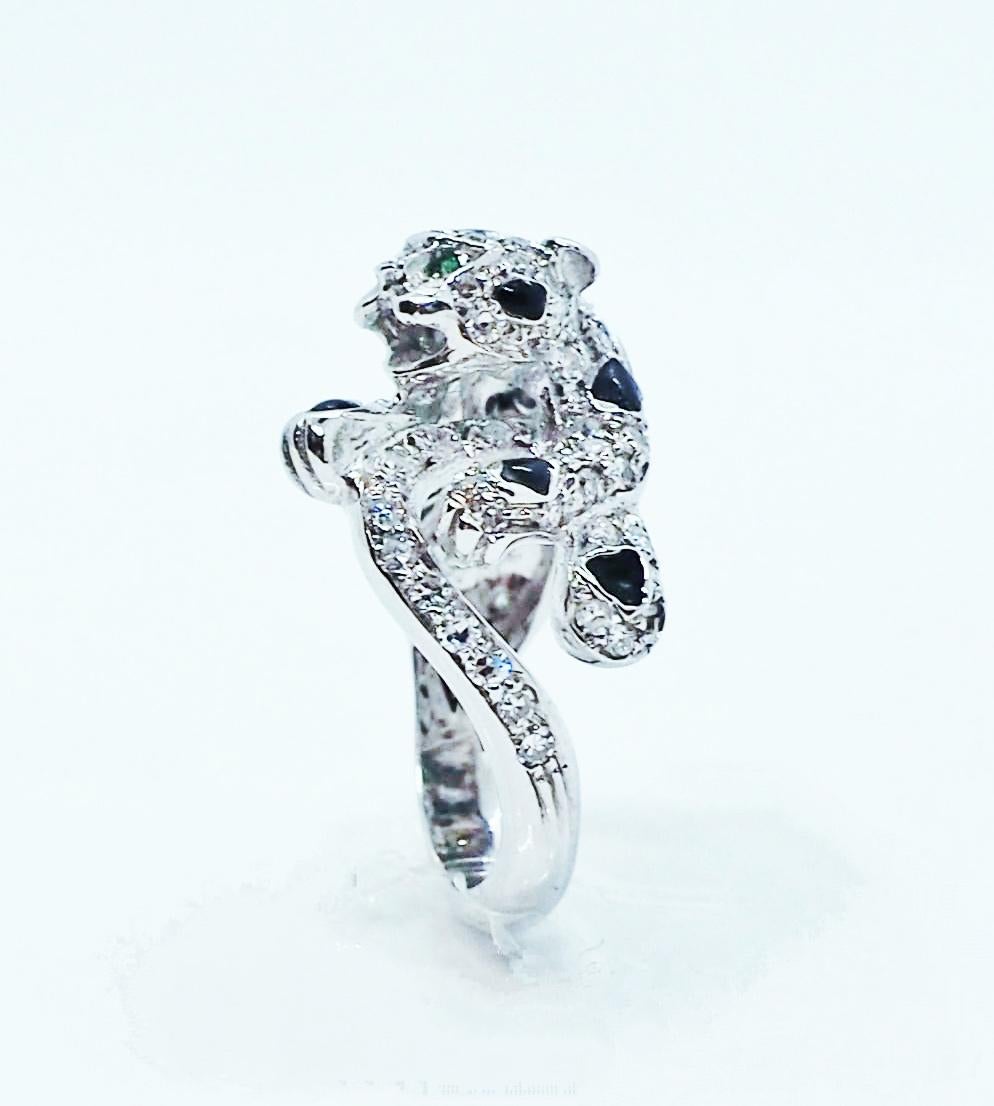 Women's Diamond Onyx Emeralds Panther 18 Karat White Gold