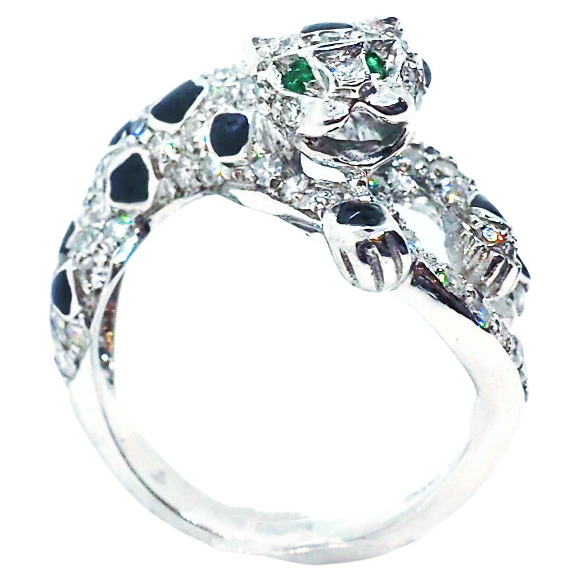 Diamond Onyx Emeralds Panther 18 Karat White Gold
