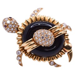 Vintage Diamond Onyx Gold & Ruby Sea-Turtle Brooch in 18k Gold