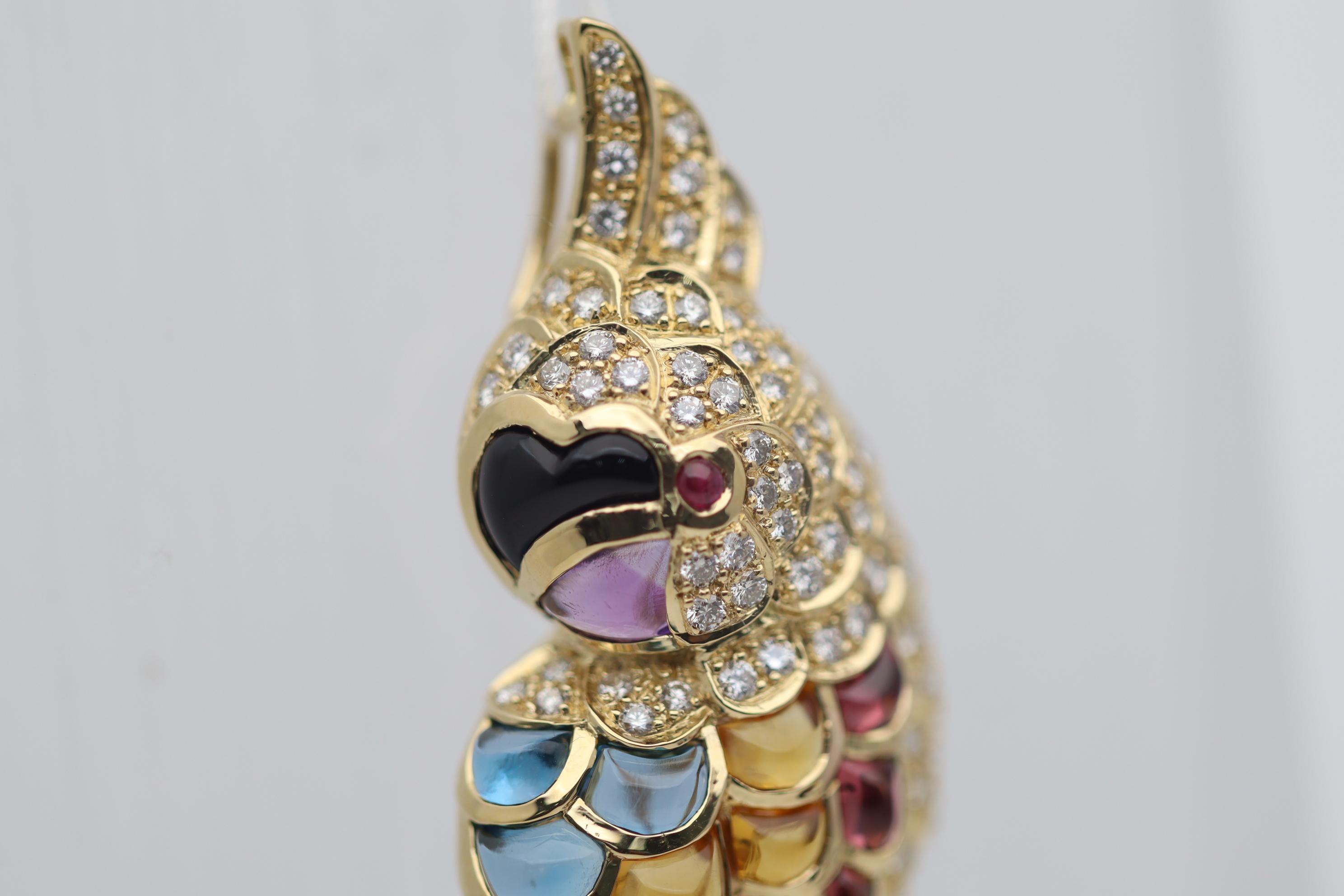 Diamant Onyx Multicolor Edelstein Gold Toucan Anhänger Brosche (Cabochon) im Angebot