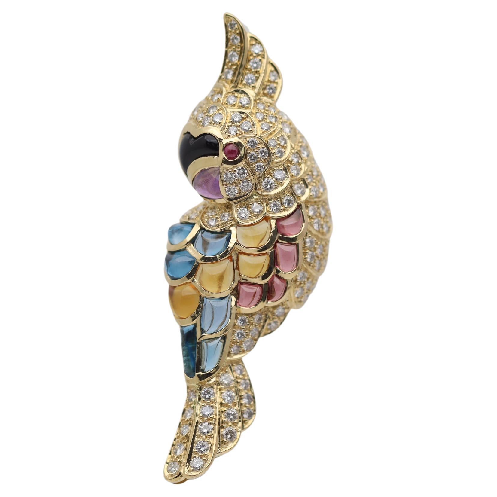 Diamond Onyx Multicolor Gemstone Gold Toucan Pendant Brooch For Sale