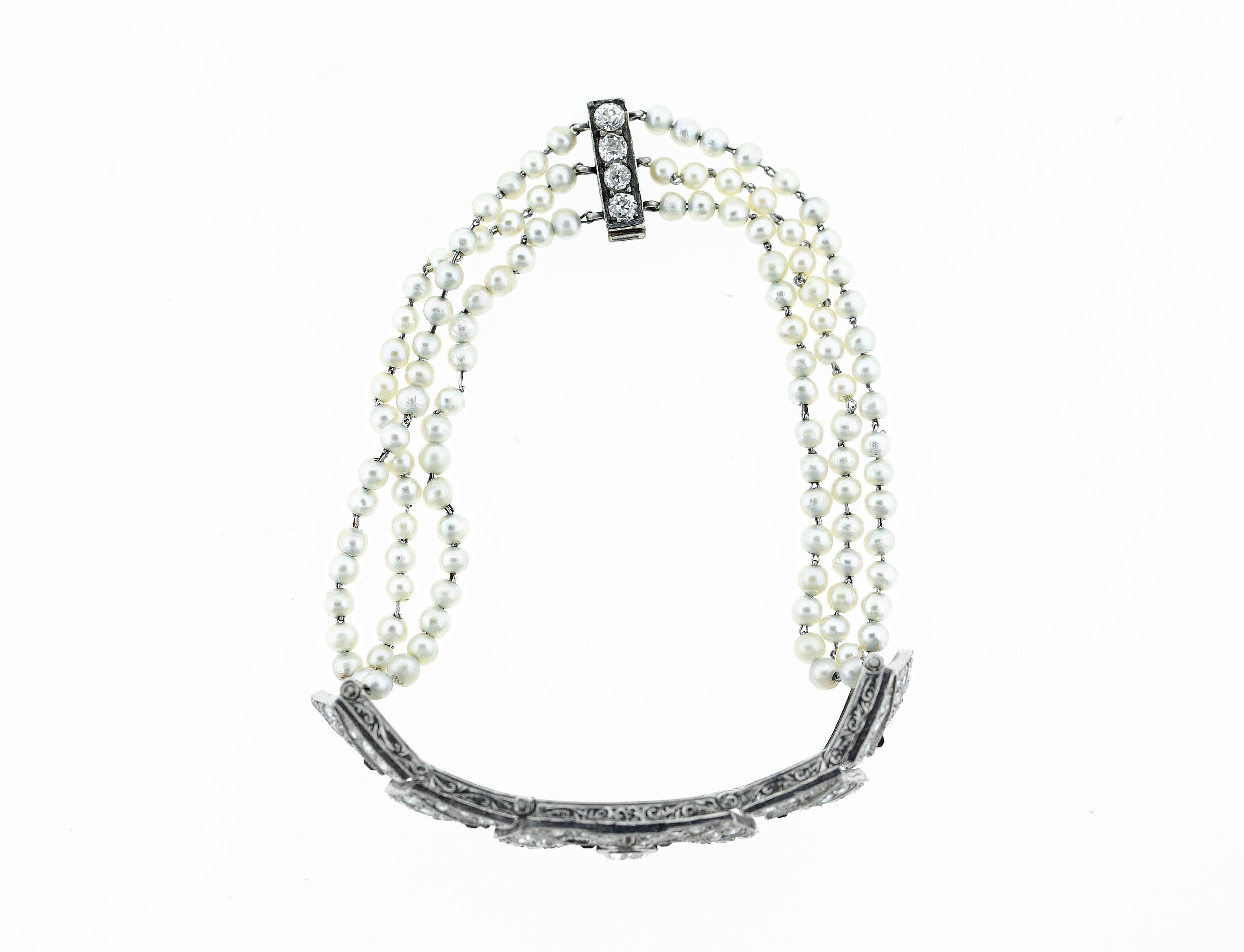 Art Deco Diamond Onyx and Natural Pearls Bracelet