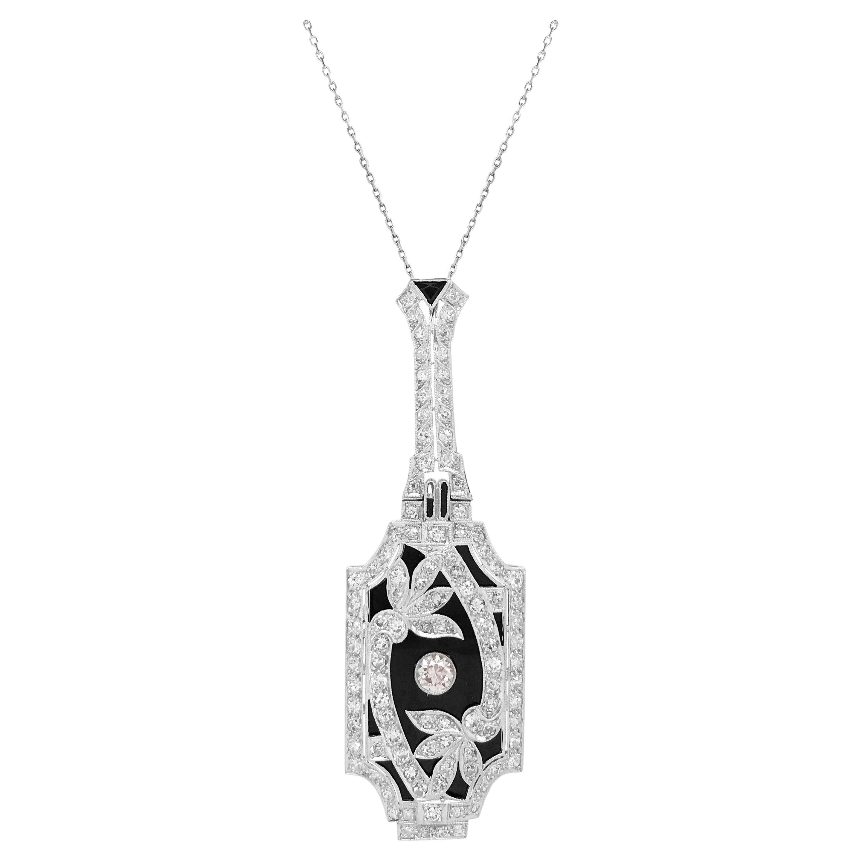 Diamond Onyx Pendant Necklace For Sale