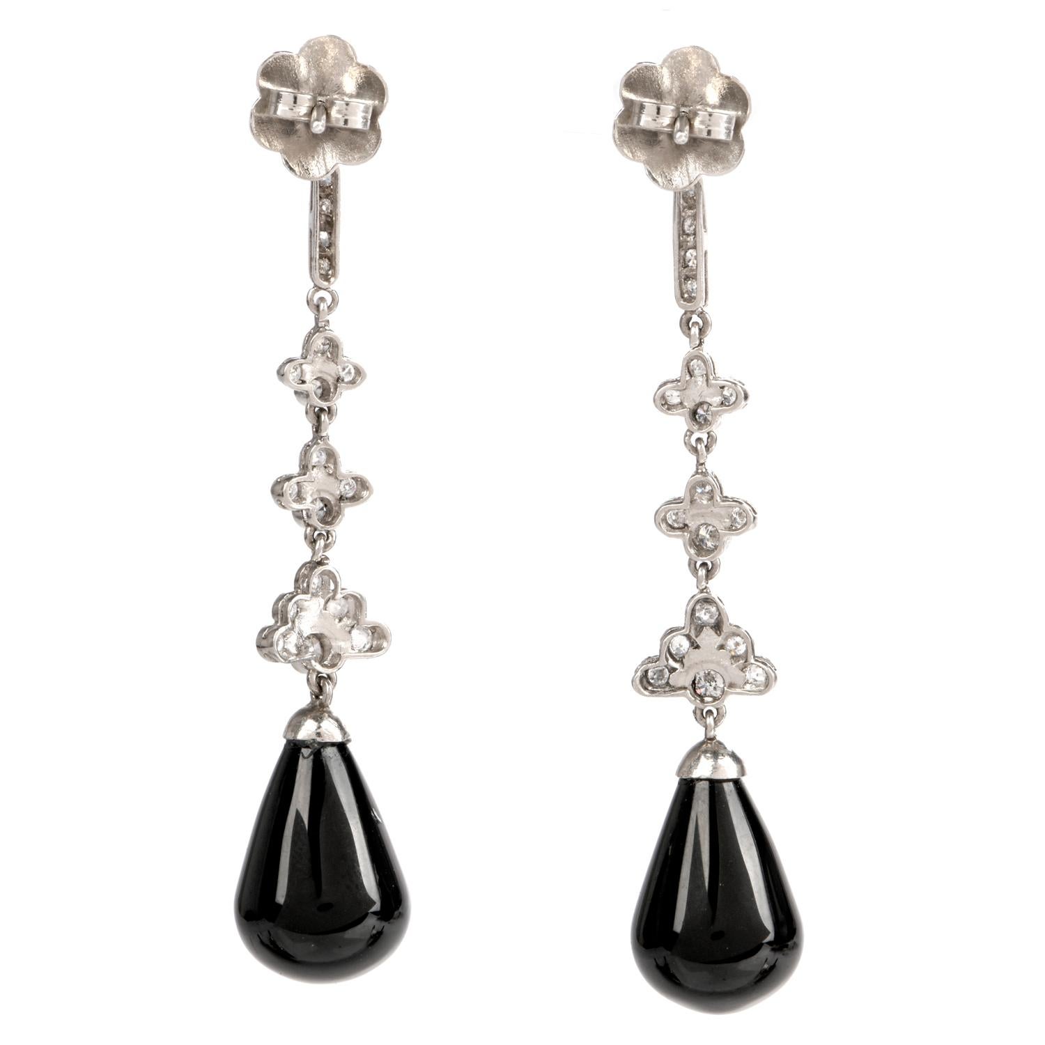 Art Deco Diamond Onyx Platinum Dangle Drop Earrings