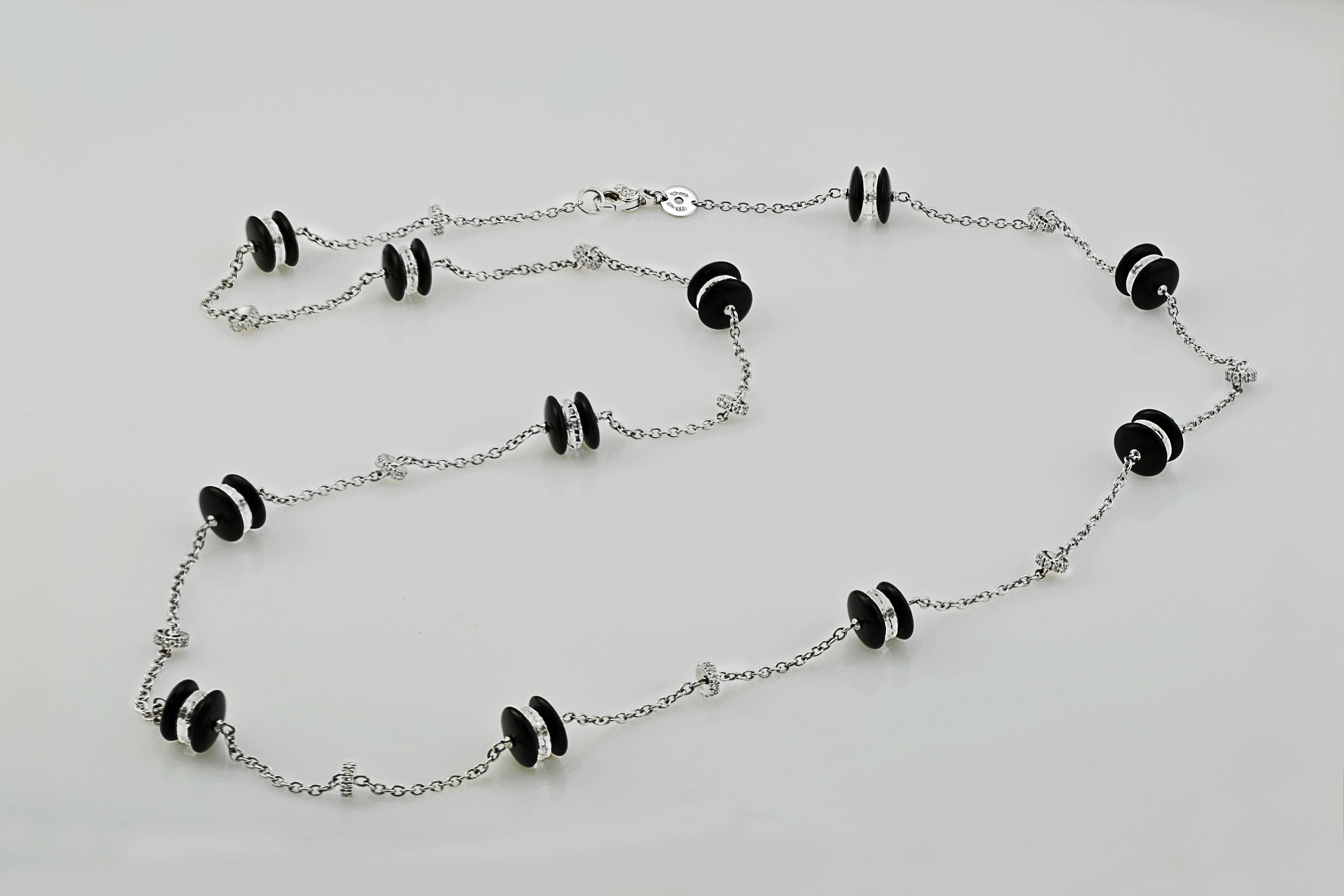 Round Cut Diamond Onyx Rock Crystal 18 Karat White Gold Long Necklace For Sale