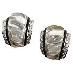 Diamond Onyx Rock Crystal 18 Karat White Gold Vintage Earrings Retractable Posts