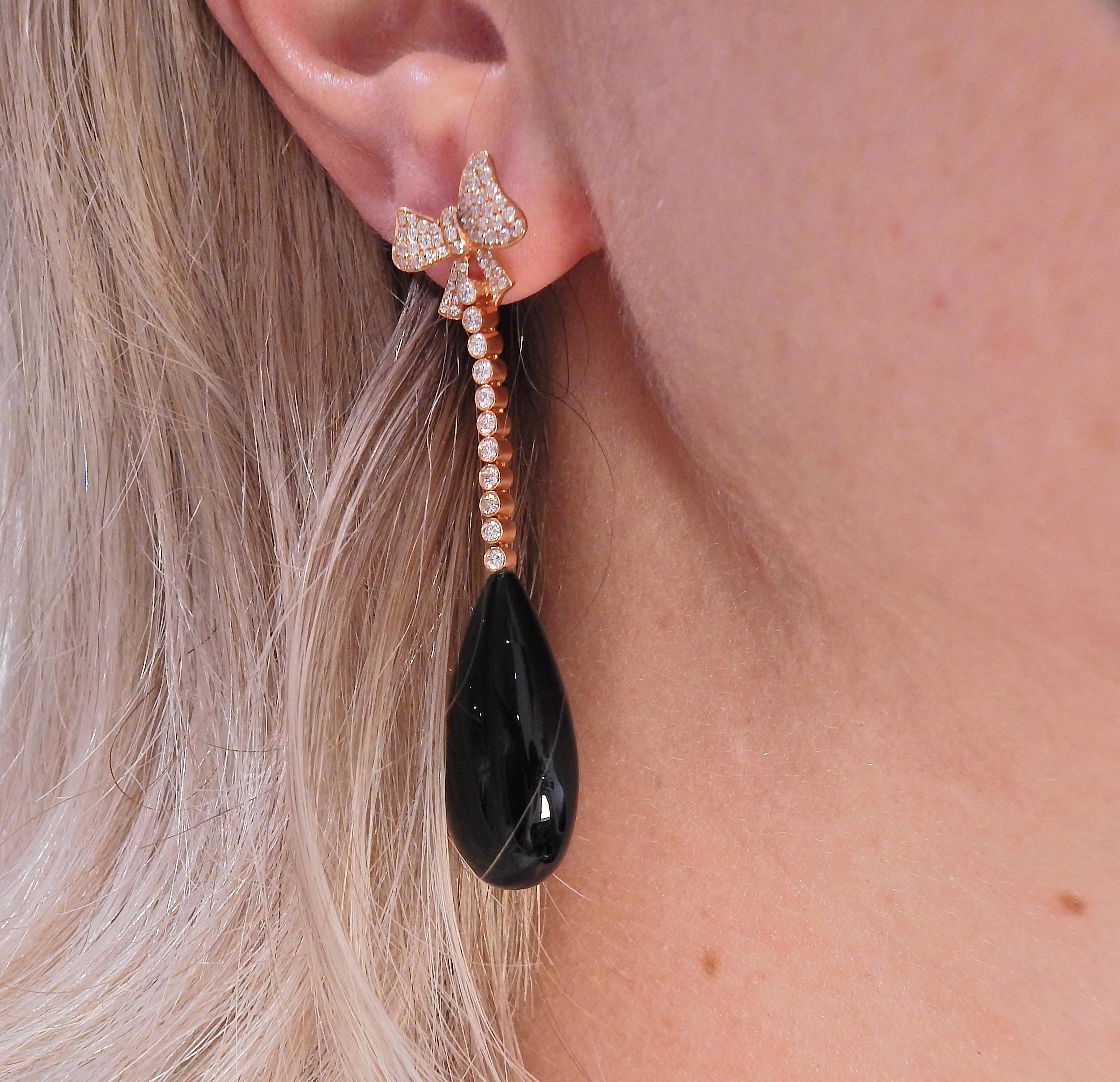 Round Cut Diamond Onyx Rose Gold Drop Earrings For Sale