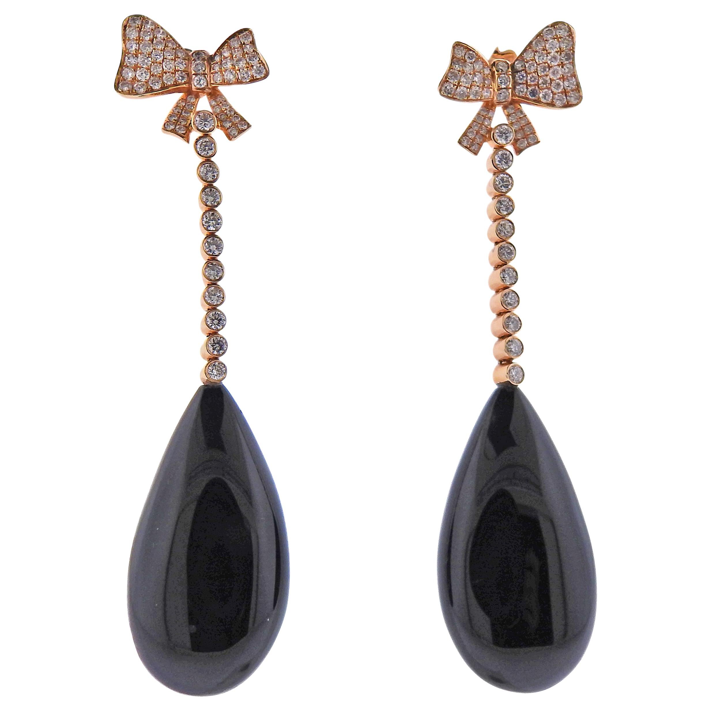 Diamond Onyx Rose Gold Drop Earrings For Sale