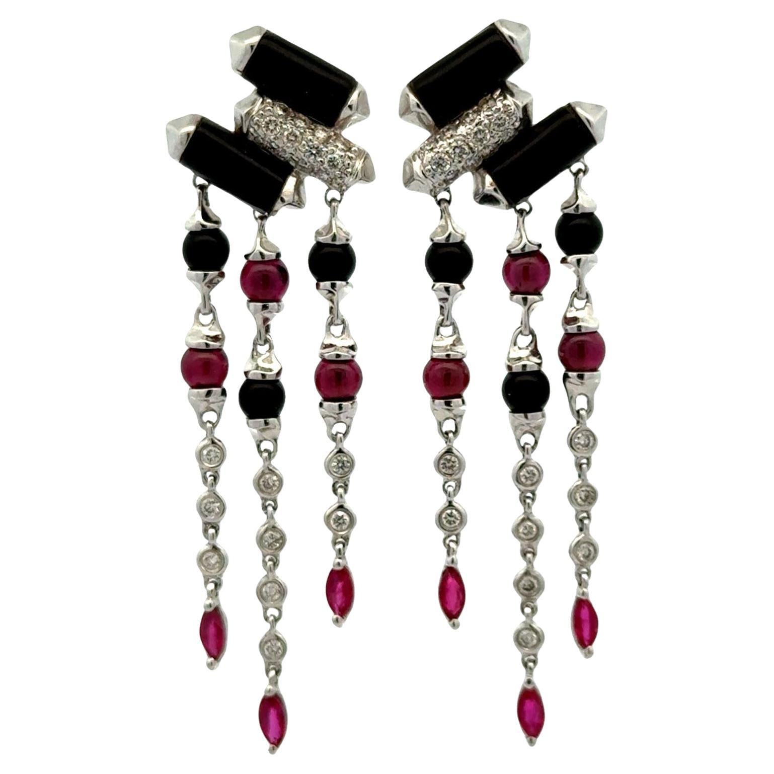 Diamond Onyx Ruby 18 Karat White Gold Deco-Inspired Dangle Drop Earrings