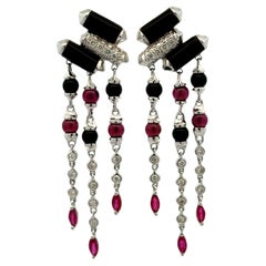 Diamond Onyx Ruby 18 Karat White Gold Deco-Inspired Dangle Drop Earrings