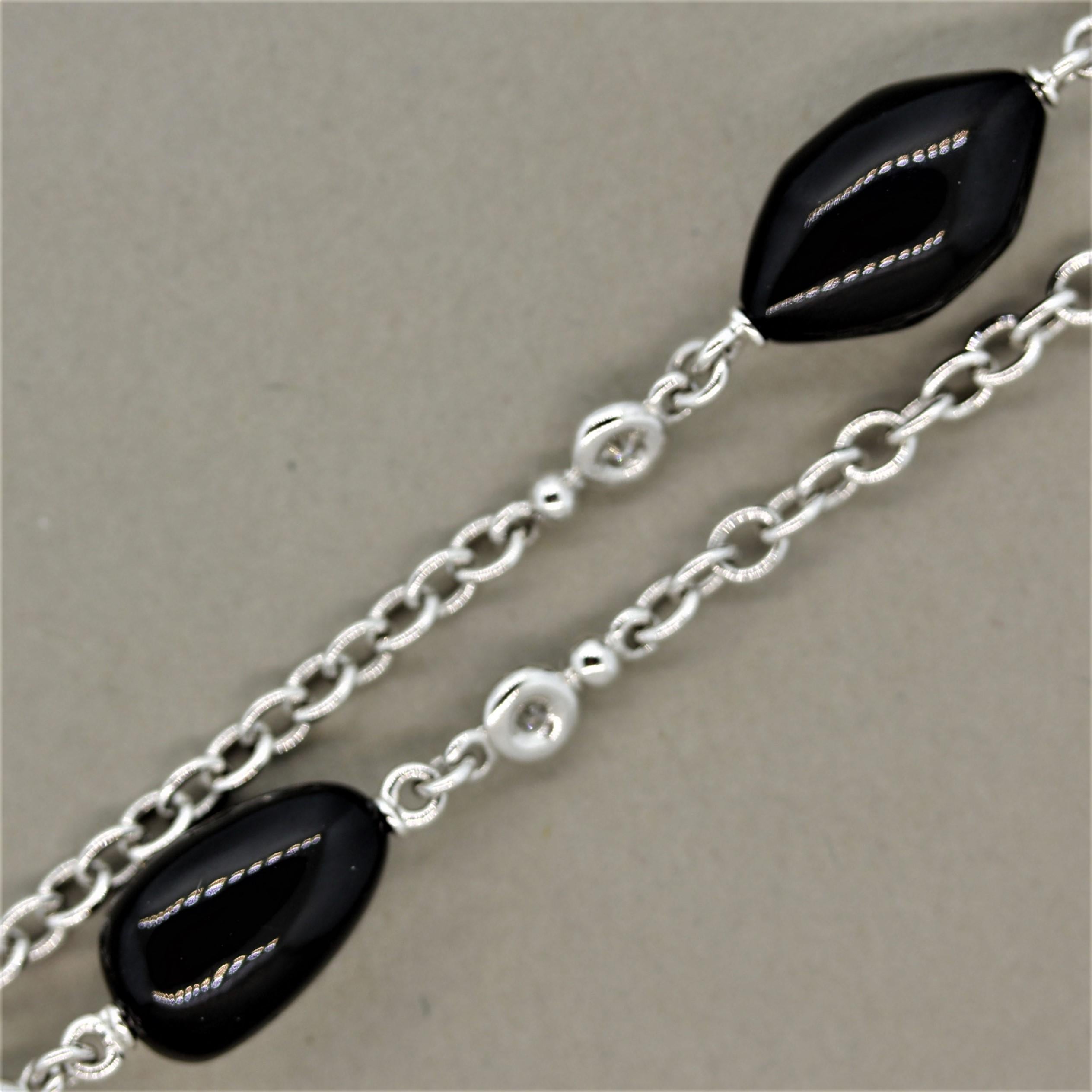 Women's Diamond Onyx Sapphire Gold Chain Necklace For Sale