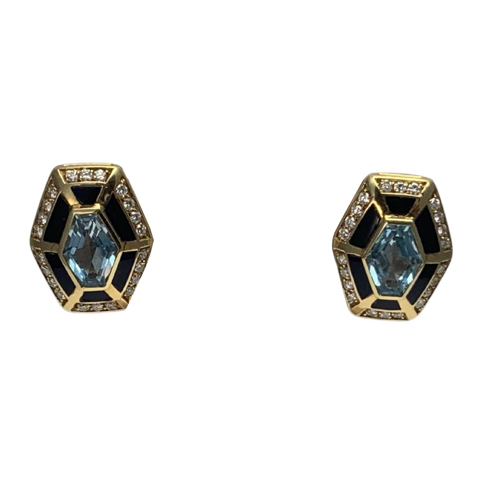Diamond Onyx Topaz Yellow Gold Clip-On Earrings For Sale