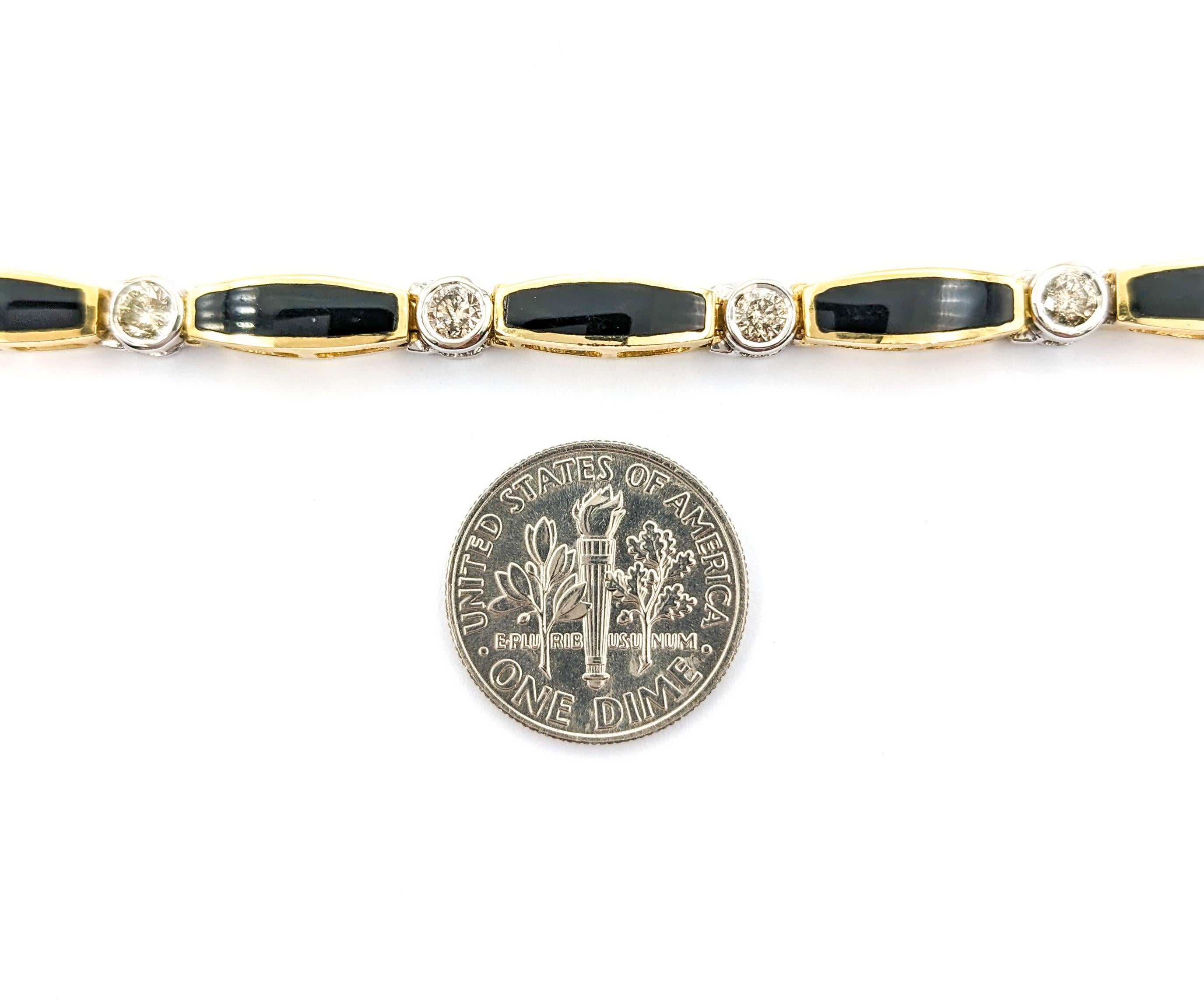 Diamond & Onyx Yellow Gold Tennis Bracelet For Sale 6